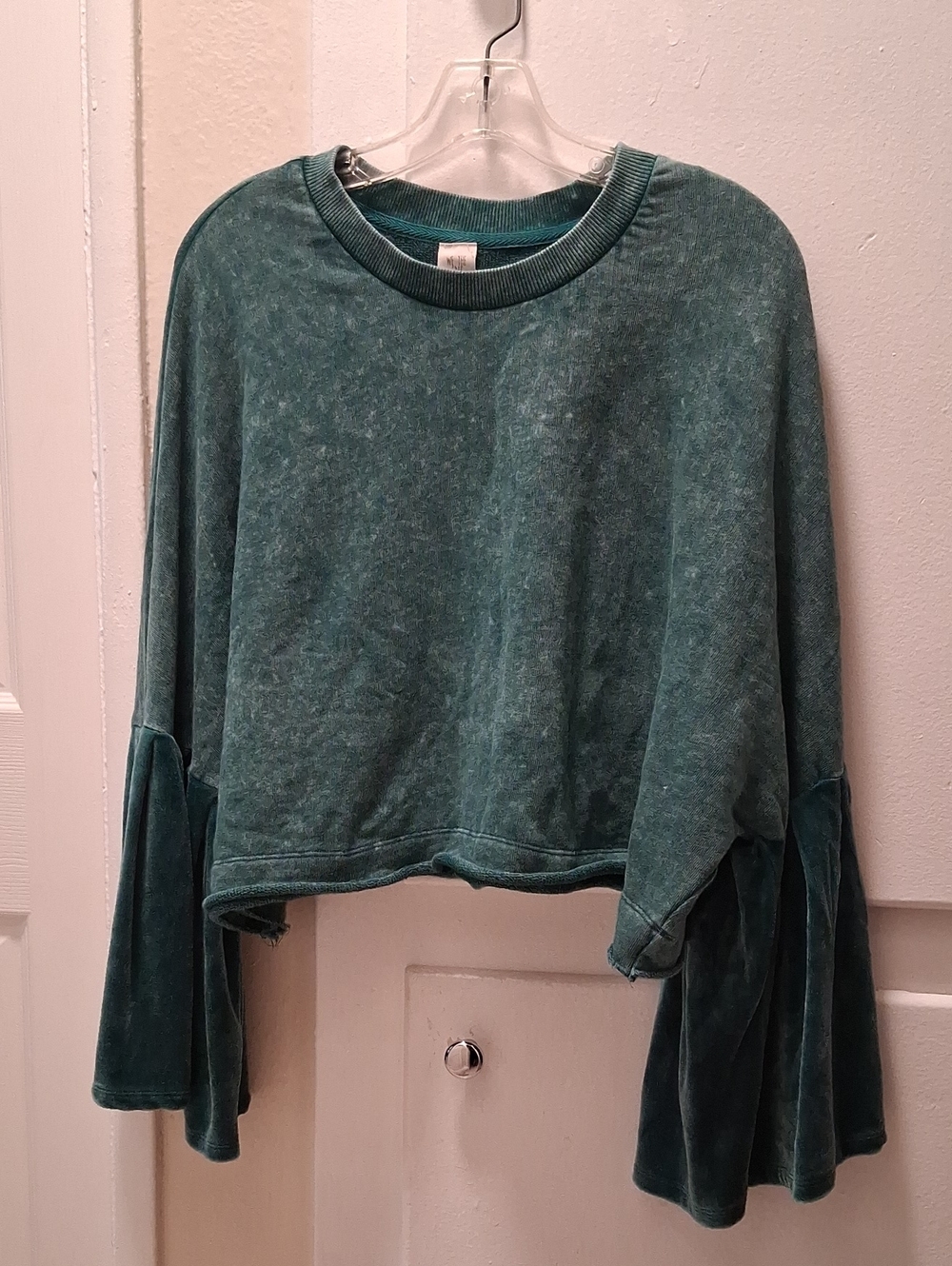 We The Free Washed Teal Cropped Sweatshirt with Bell Sleeves